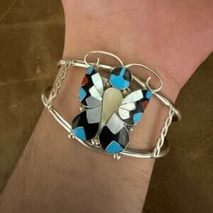Zuni Inlay Butterfly Sterling Silver Cuff Bracelet Allison Dishta